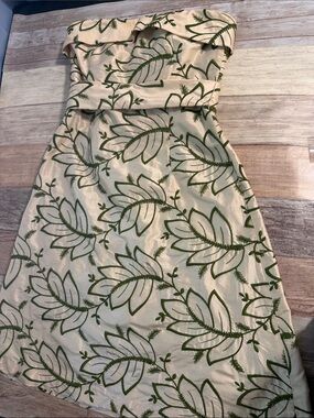 Strapless CK Bradley Cream Dress with Green Floral Embroidery Lined Belted